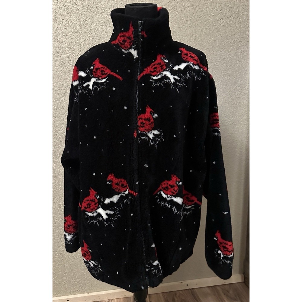 Vtg Black Mountain‎ Outdoor Cardinal Bird Fleece Jacket Zip Up Fuzzy Cabincore